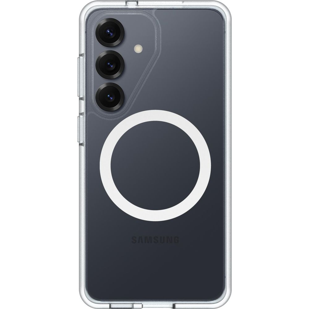 Doorzichtige telefoonhoes met drie camera's en witte cirkel.