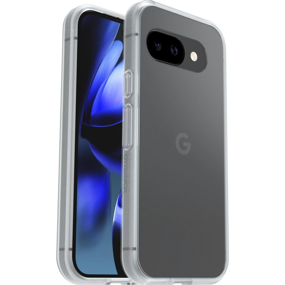 Een doorzichtige Otterbox case beschermt een Google Pixel telefoon met blauw behang.