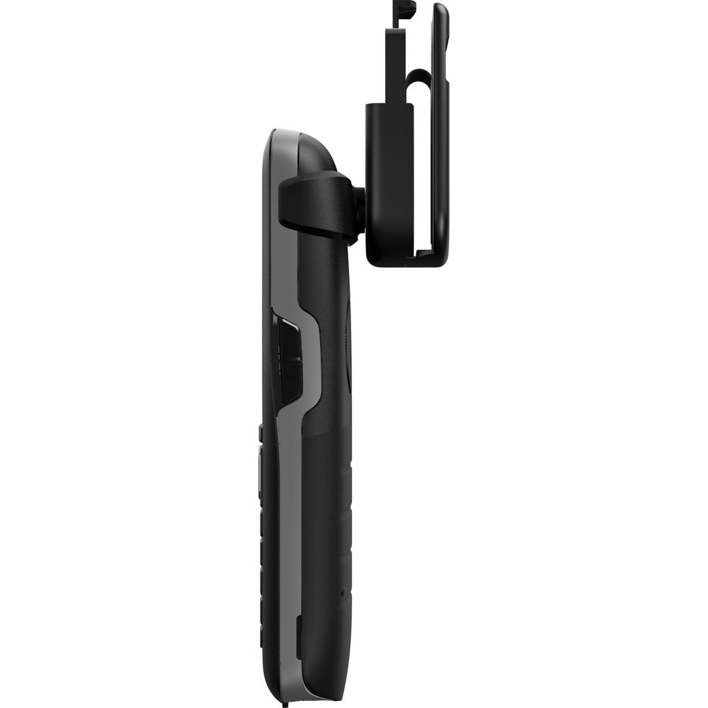 Dispositivo GPS nero con clip da cintura di profilo.