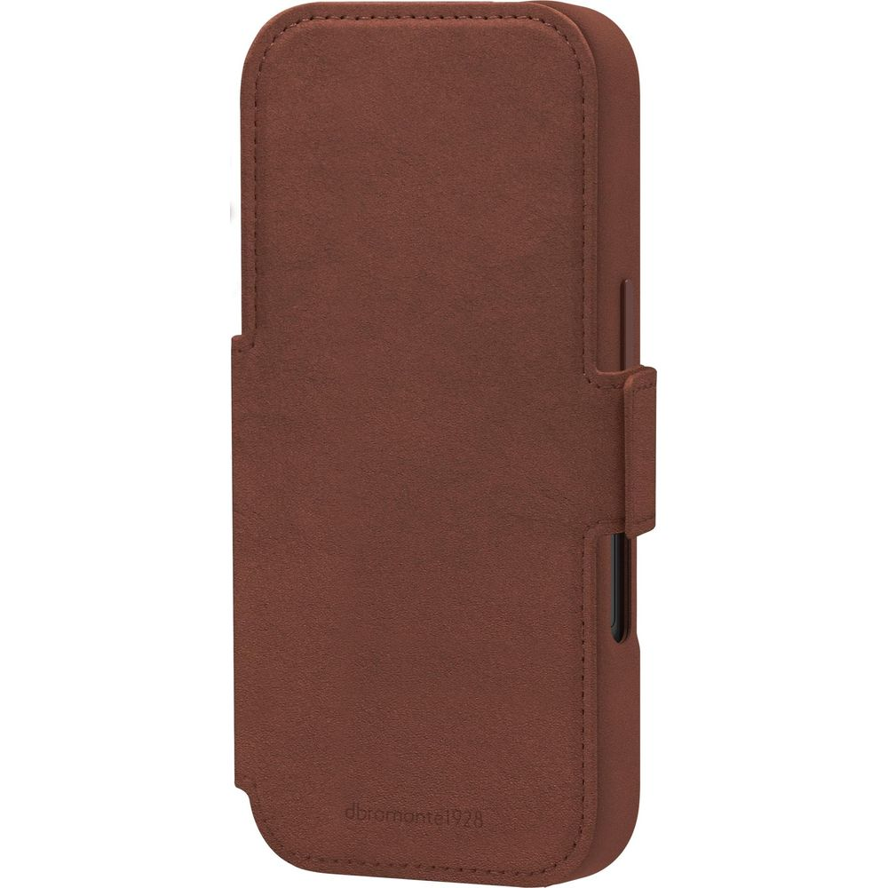 Custodia in pelle marrone per telefono con cuciture e clip.