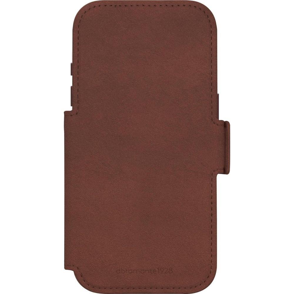 Custodia in pelle marrone per smartphone con cuciture e patta.