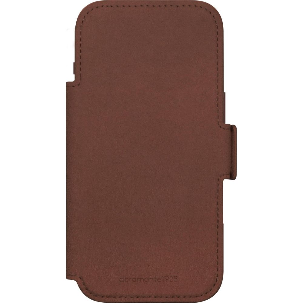 Custodia in pelle marrone per smartphone, chiusa con bottone a pressione.