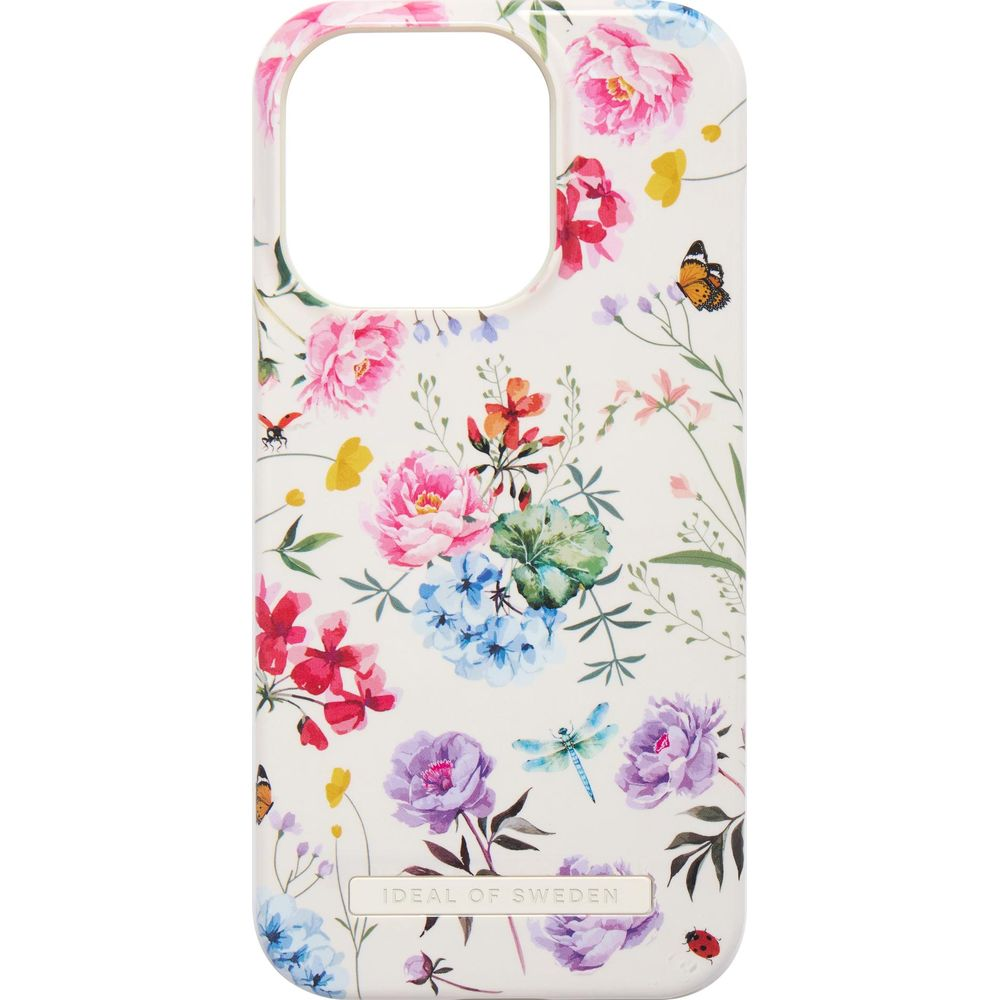 Weiße Handyhülle mit bunten Blumen, Schmetterlingen und Marienkäfern.
