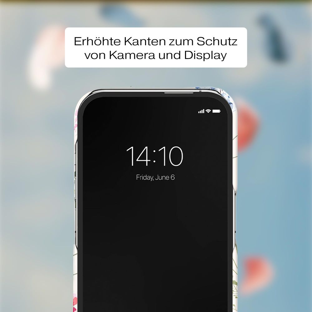 Ein Smartphone mit einer floralen Hülle zeigt die Uhrzeit 14:10 an.