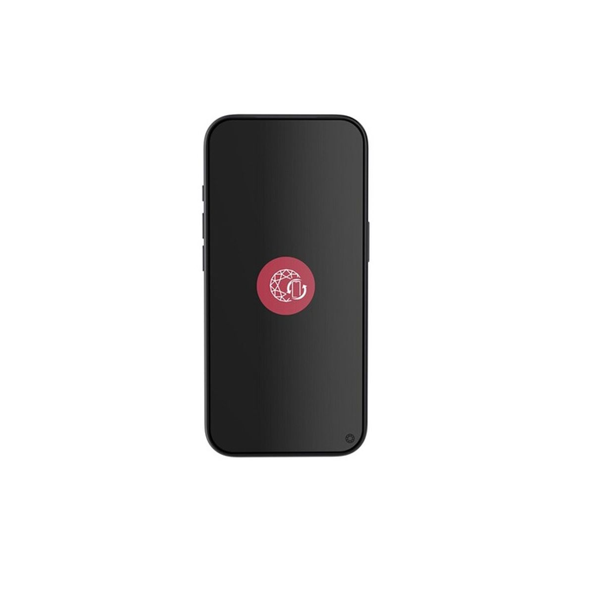 Smartphone nero con logo rotondo rosso sullo schermo.