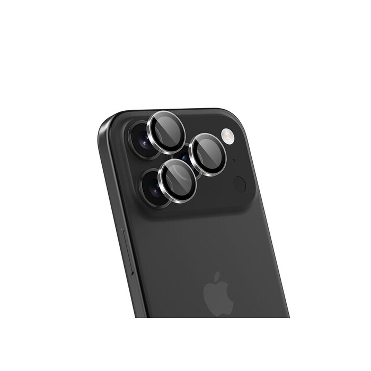 Lenti in vetro protettive su modulo fotocamera iPhone nero con bordi argentati.