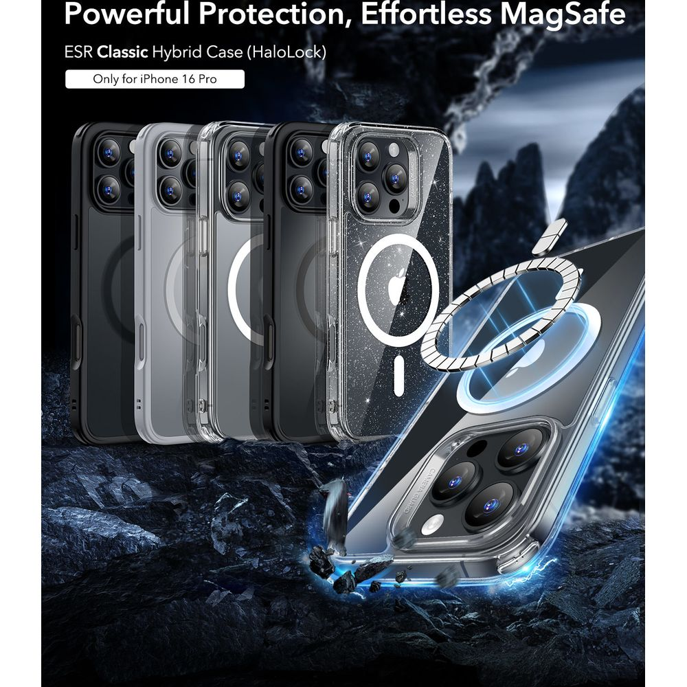 Plusieurs coques pour iPhone 16 Pro de différentes couleurs sur fond rocheux.