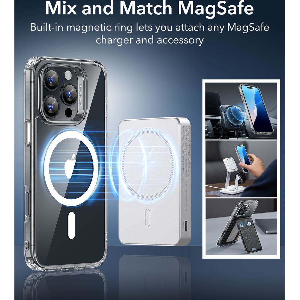 Coque iPhone et batterie MagSafe montrant l'attraction magnétique.