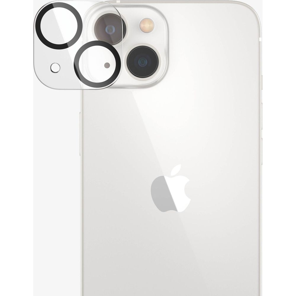 Funda trasera blanca de iPhone con protector de cámara y logo de Apple.