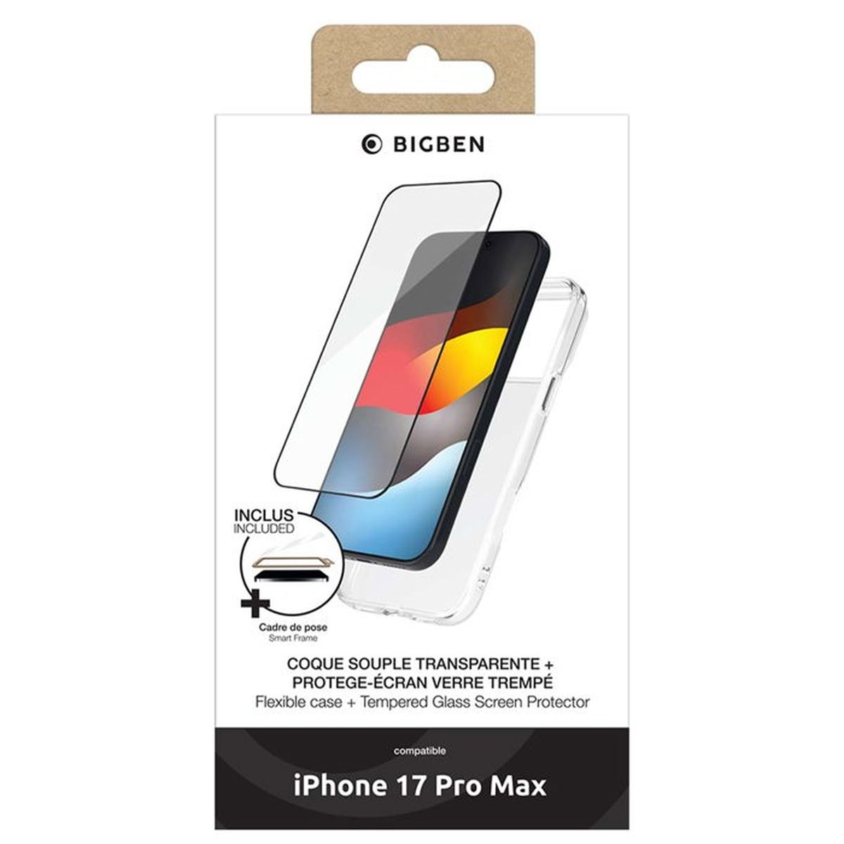 Confezione per custodia trasparente e protezione schermo per iPhone 17 Pro Max.