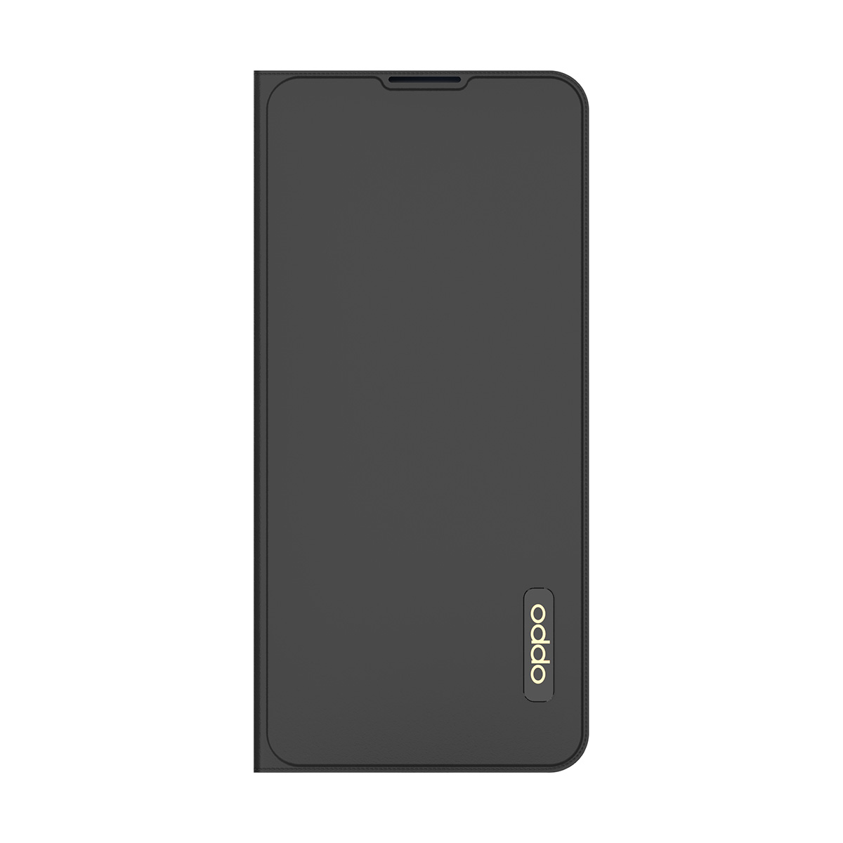 Custodia a libro nera per smartphone con logo OPPO dorato sul davanti.