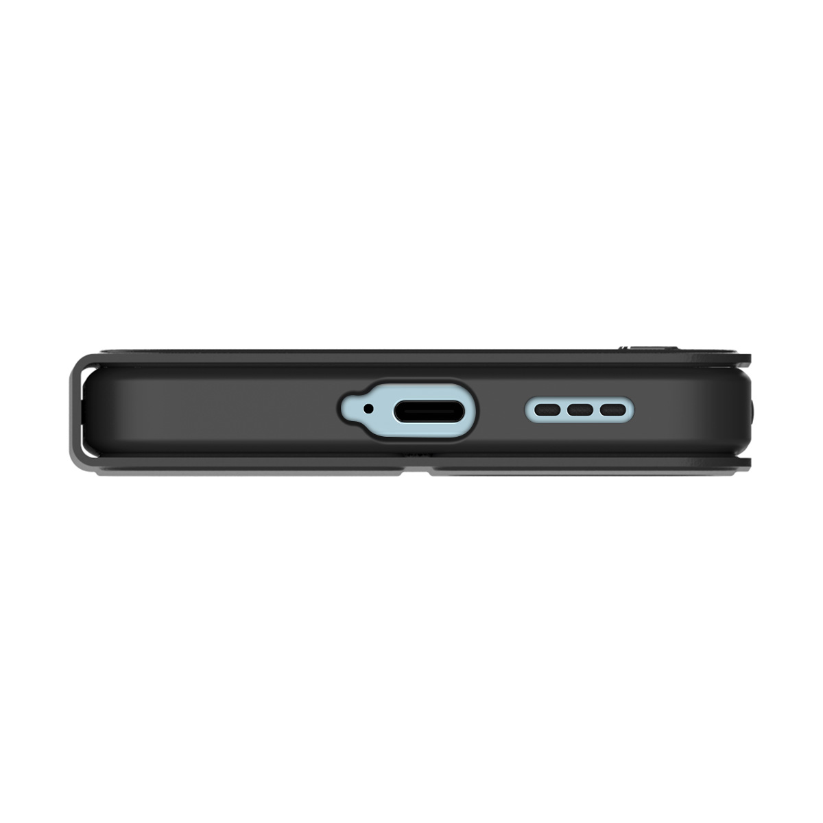Custodia nera per telefono con porta USB-C e tre fori per altoparlanti.