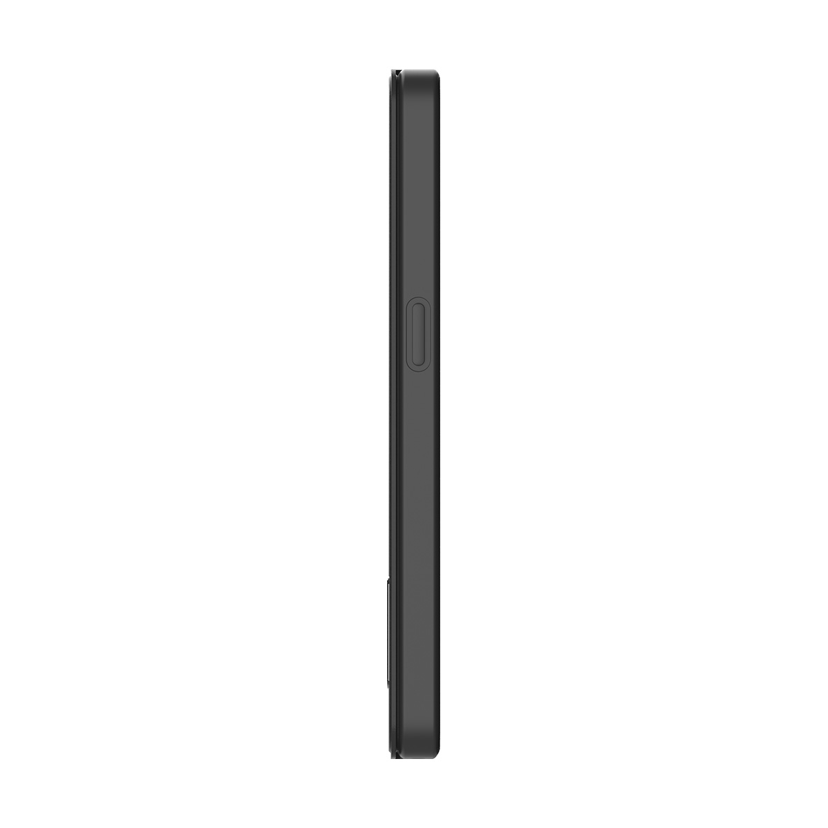 Profilo nero smartphone con un pulsante sul lato, su sfondo bianco.