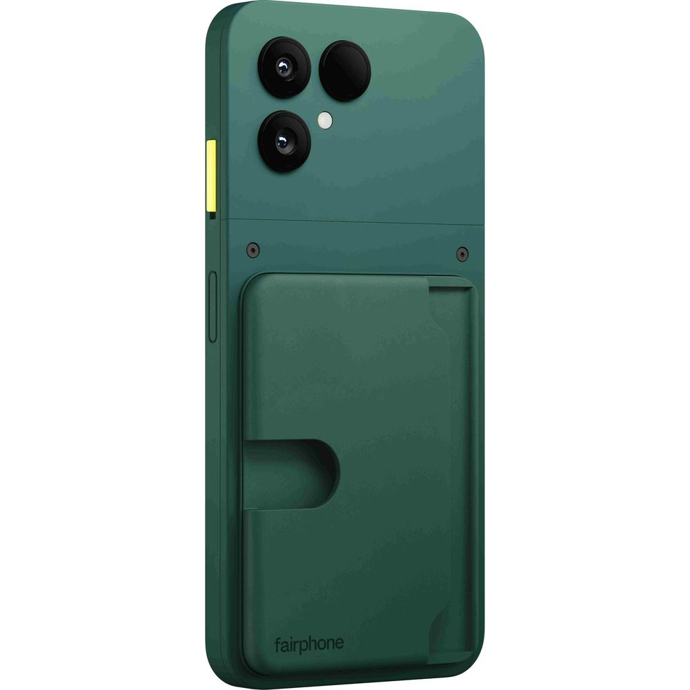 Smartphone verde con doppia fotocamera e porta carte sul retro.