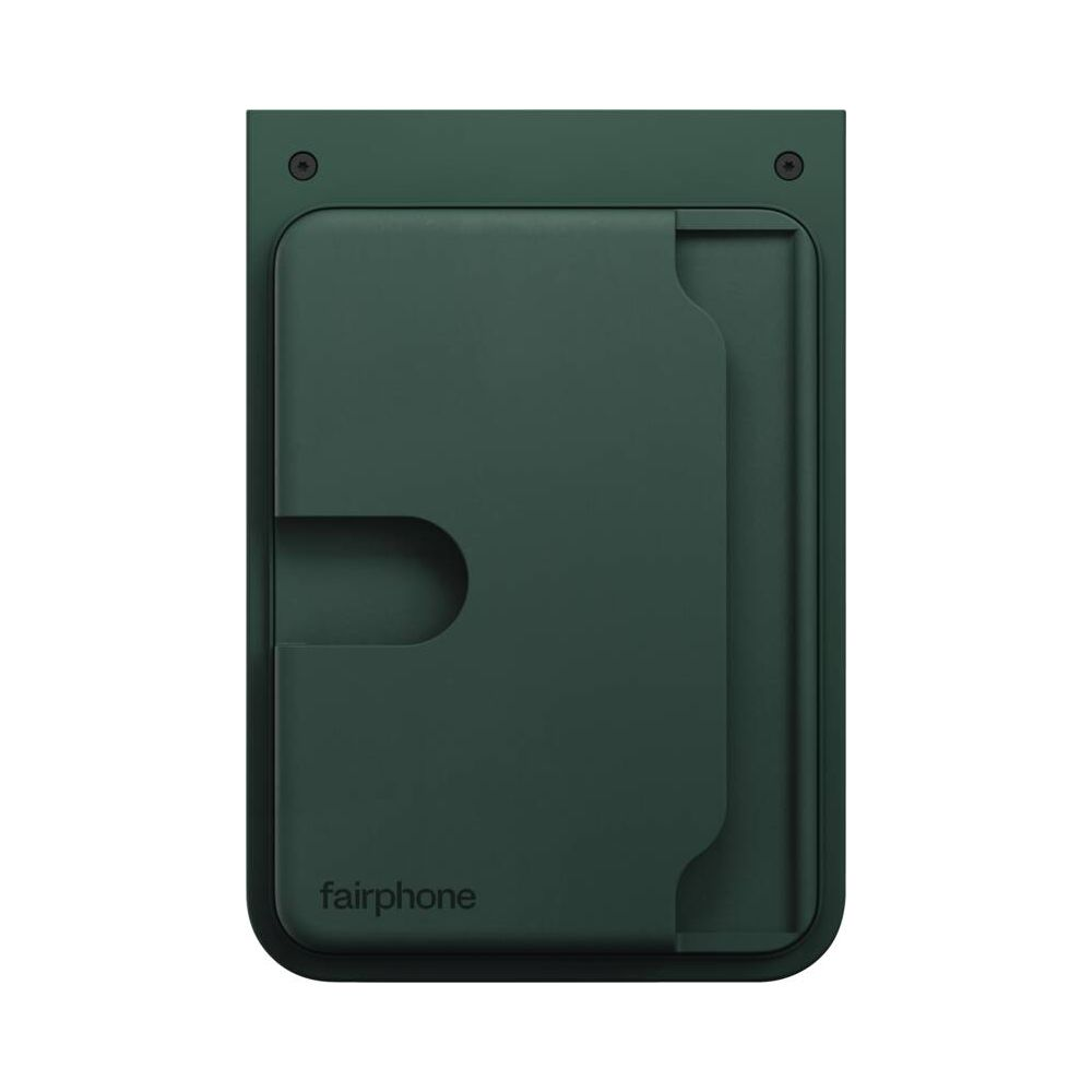 Custodia Fairphone verde scuro con ritaglio e logo.