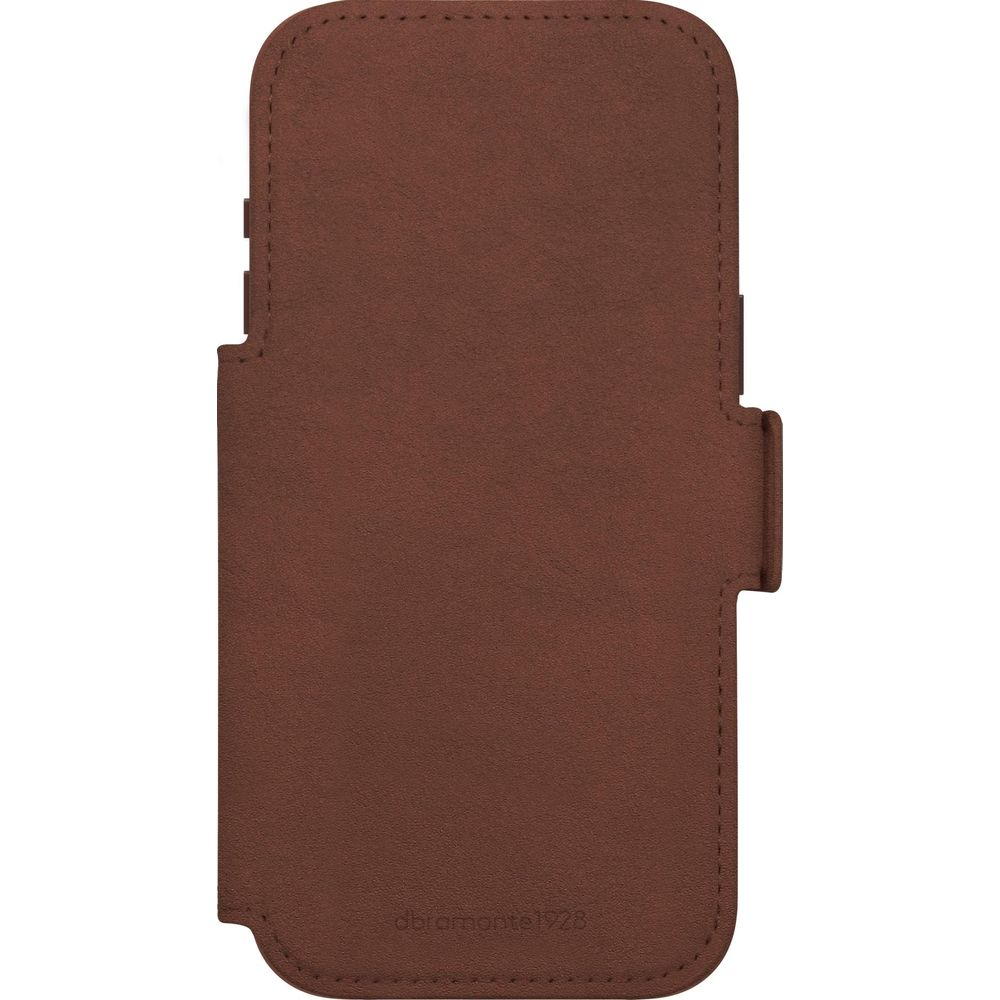 Una custodia marrone in pelle per smartphone. Con cuciture e logo in basso.