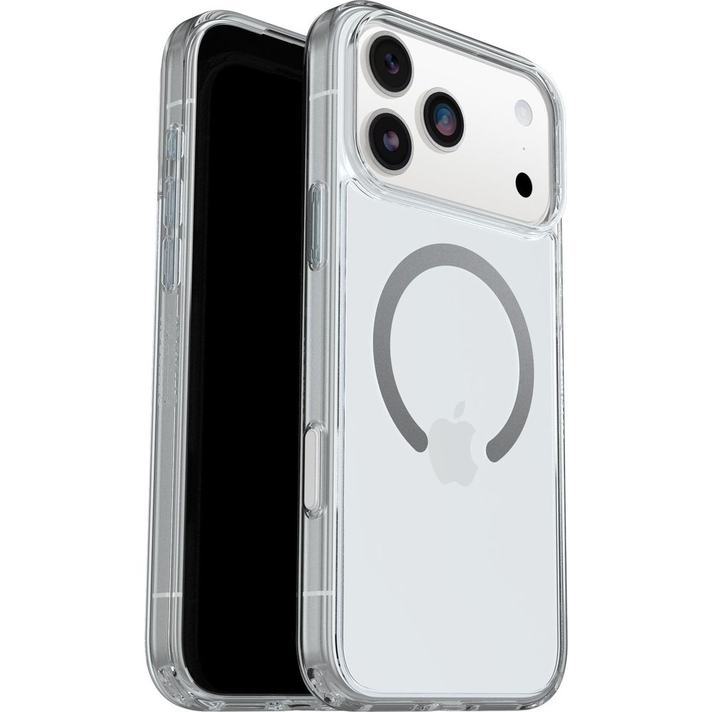 Une coque de téléphone transparente avec un cercle gris et logo pomme.