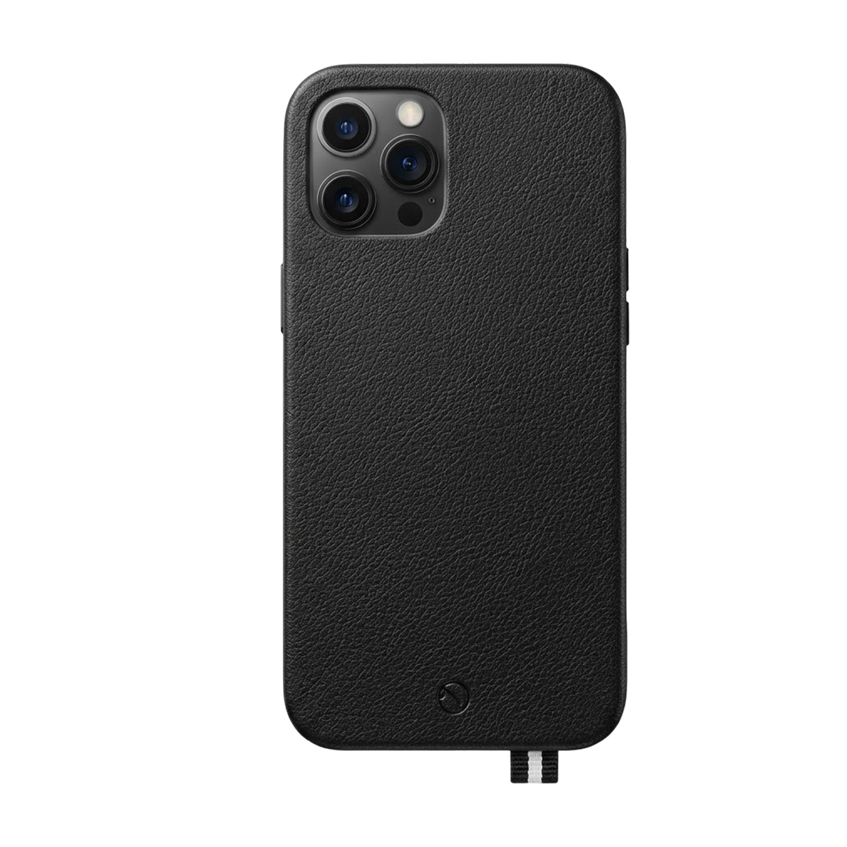 Schwarze Lederhülle für iPhone mit drei Kameralinsen auf der Rückseite.
