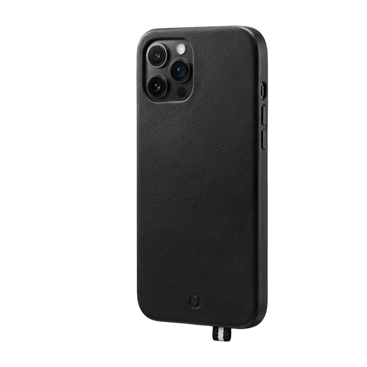 Schwarzes iPhone-Etui mit drei Kameras und einem Band am unteren Rand.