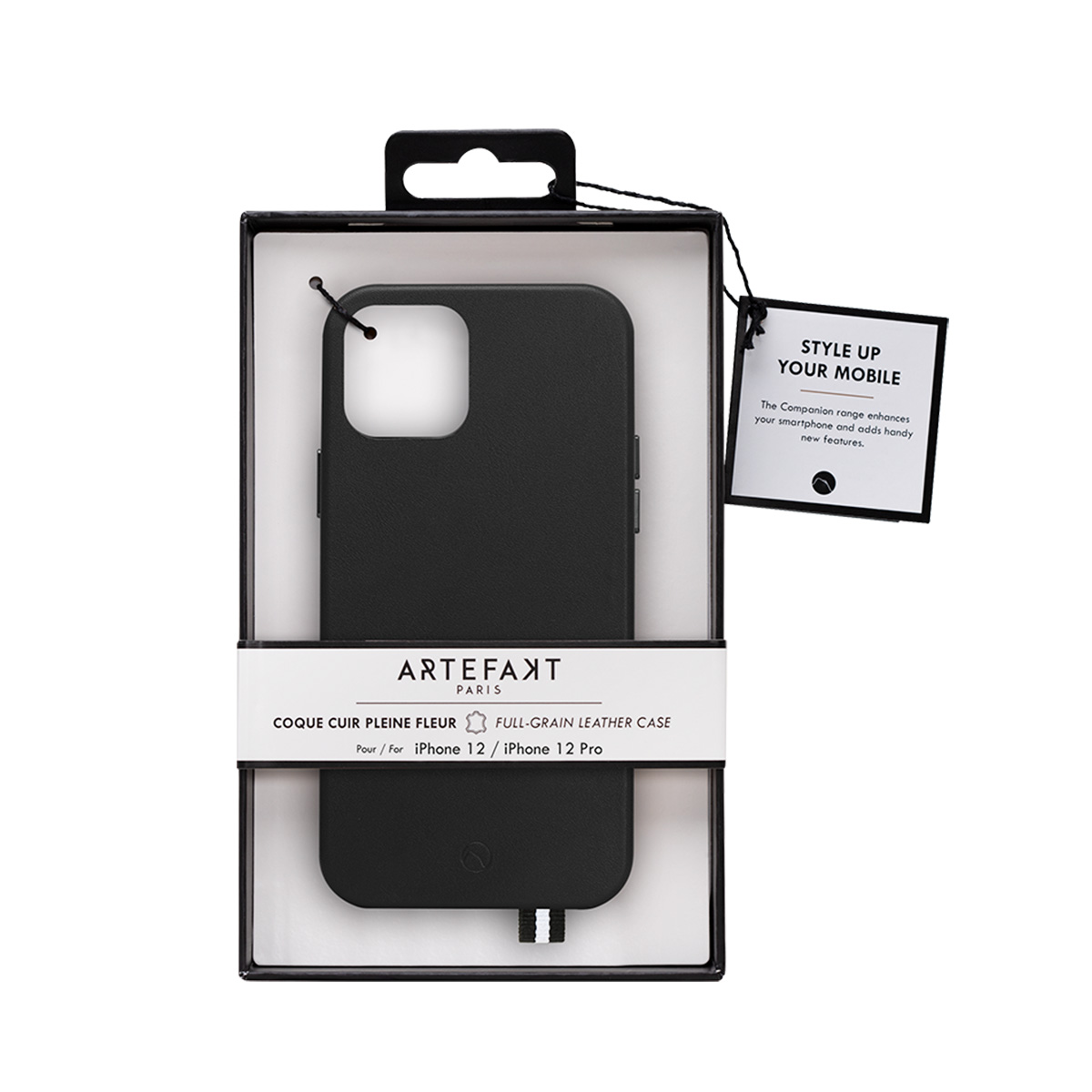 Schwarze Lederhülle für iPhone 12/12 Pro in Verpackung mit Etikett.