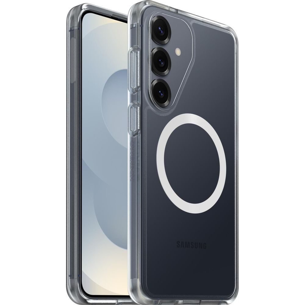 Een transparante Samsung telefoon met MagSafe-ring en drie camera's.