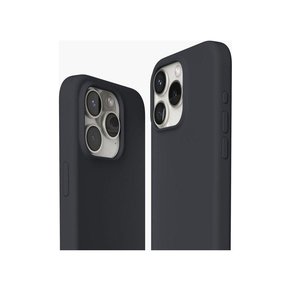 Zwei dunkle iPhone-Hüllen mit Kamerasystem auf weißem Hintergrund.