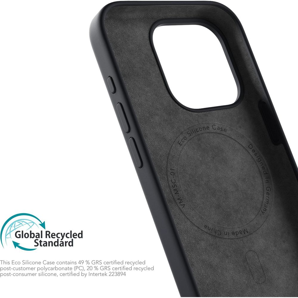 Coque de téléphone en silicone noir avec découpe caméra et boutons. Logo.
