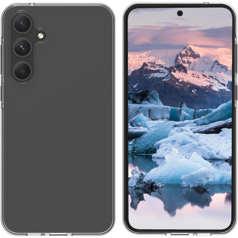 Ein durchsichtiger Handykoffer neben einem Smartphone mit Eisbergen und Schnee.