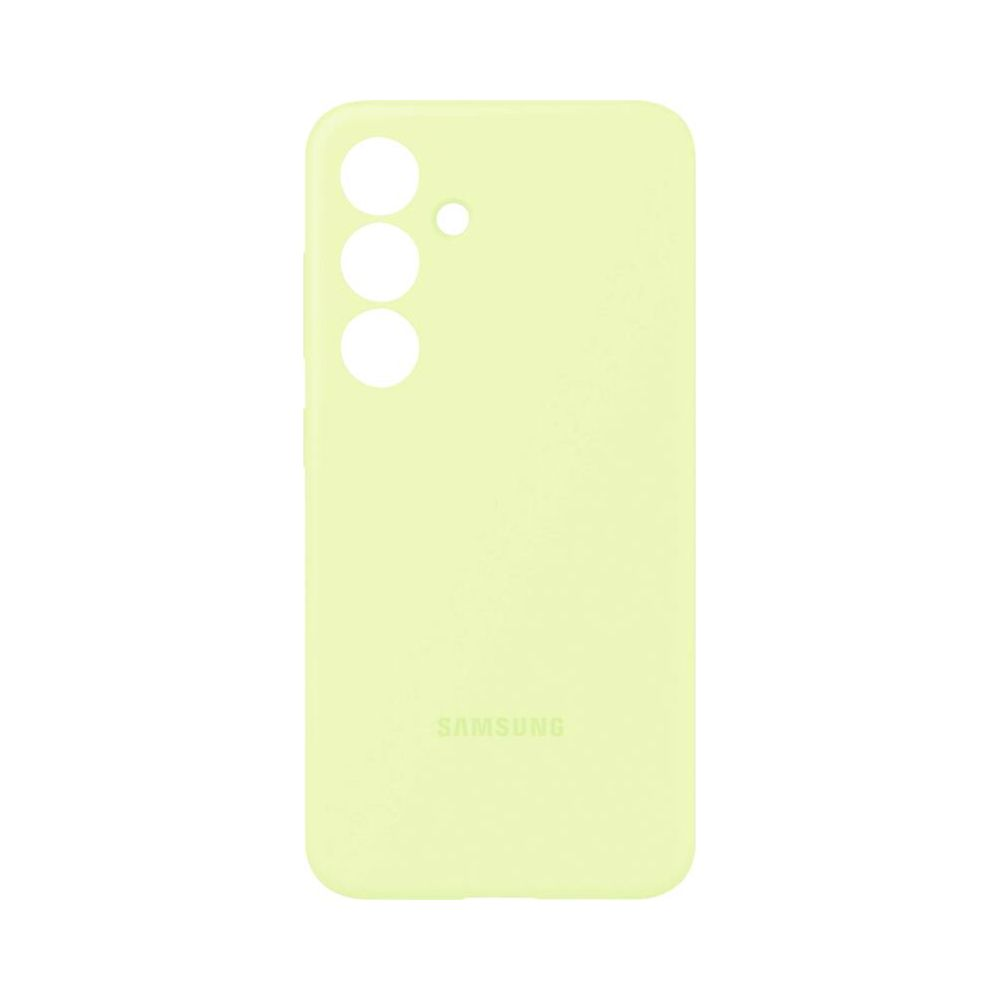 Lichtgroene telefoonhoes met drie cameralenzen en Samsung-logo.