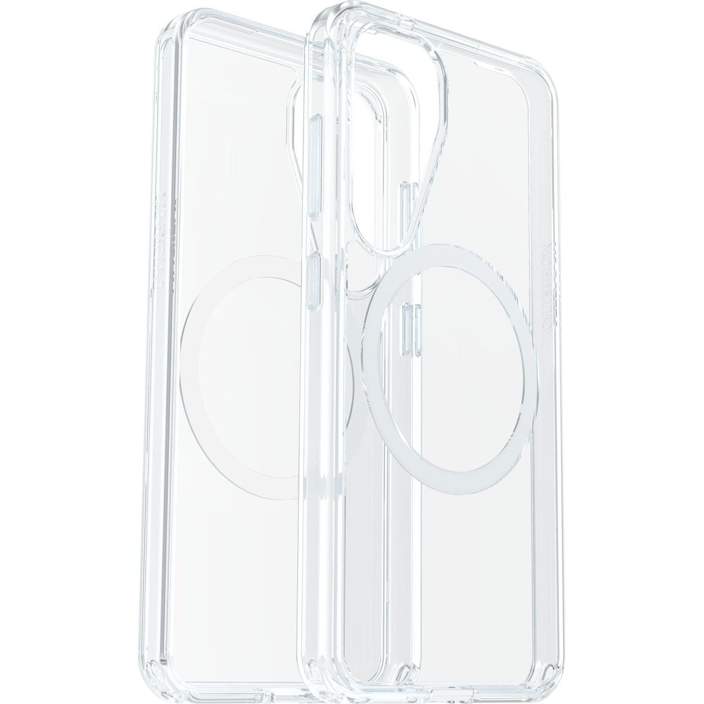 Twee doorzichtige telefoonhoesjes met magnetische ringen, witte achtergrond.