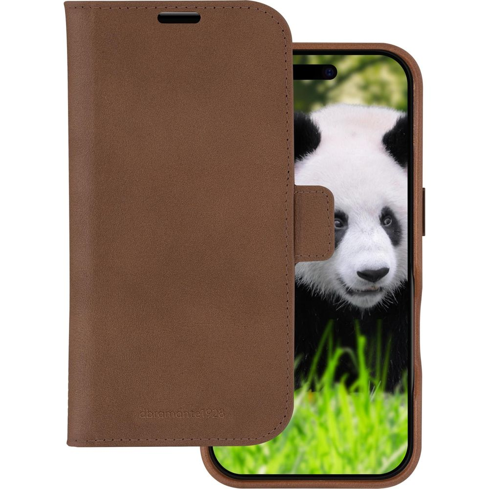 Una custodia marrone per telefono con un'immagine di panda sullo schermo.