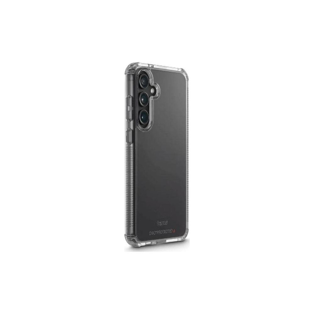 Una custodia trasparente per telefono con lato a coste, che mostra tre obiettivi della fotocamera.