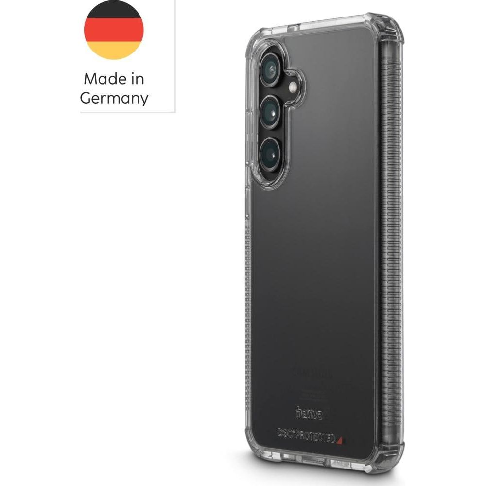 Custodia trasparente per telefono con ritaglio fotocamera e logo "Made in Germany".