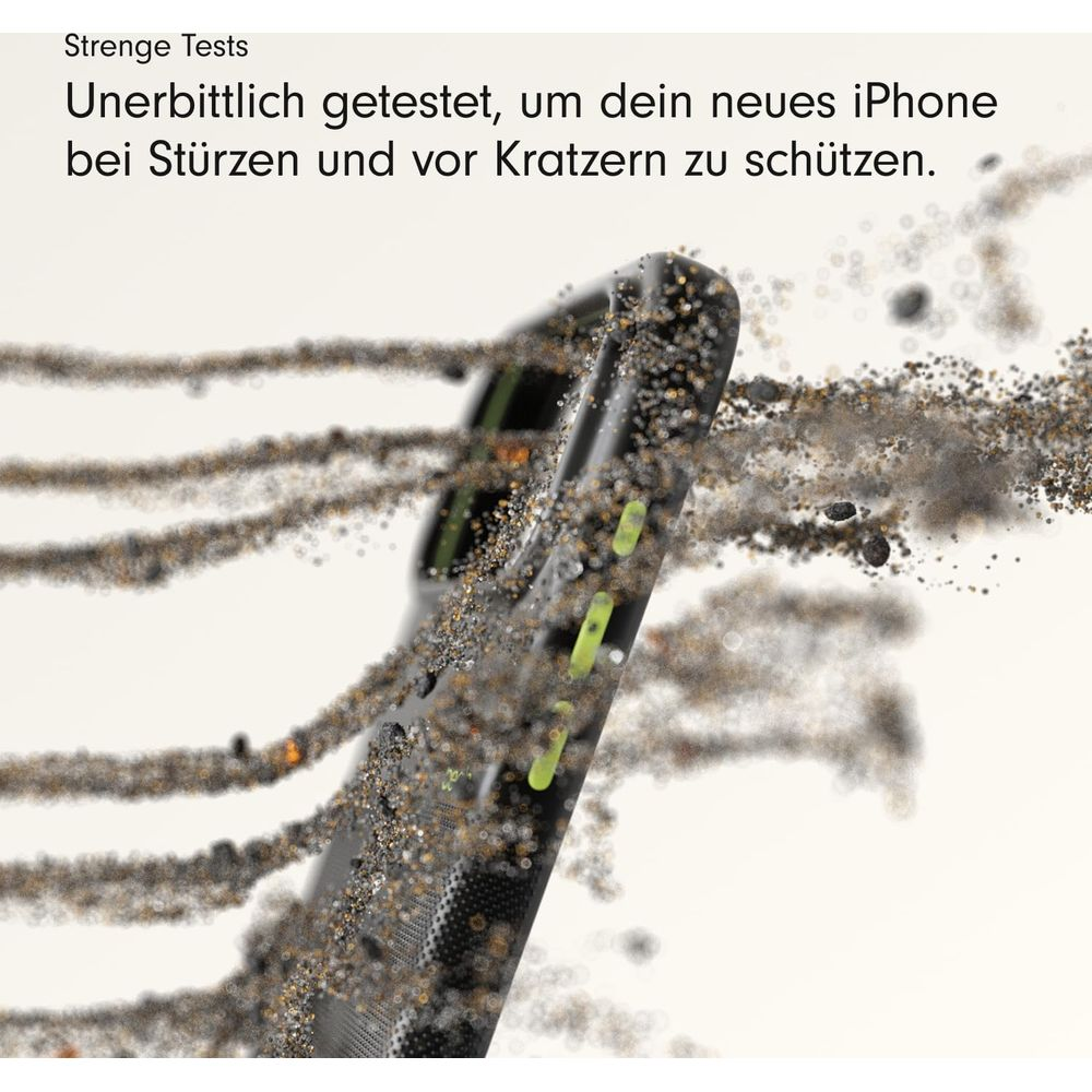Un iPhone circondato da sporco e particelle, che ne dimostra la resistenza.