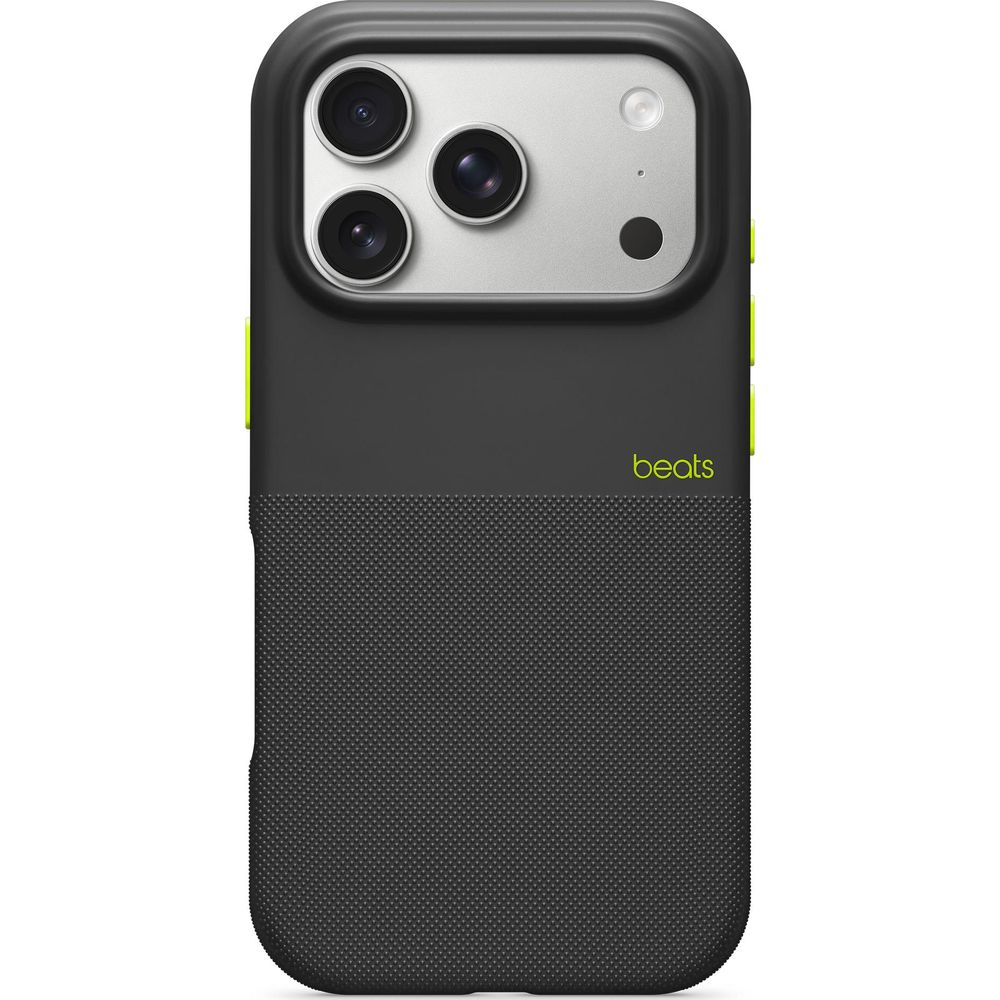 Custodia nera con tre obiettivi della fotocamera e logo Beats.