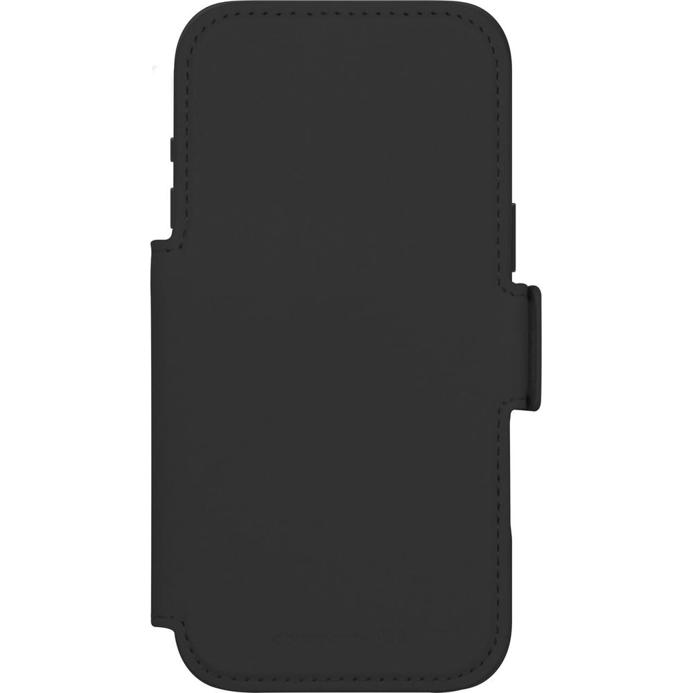 Funda de teléfono negra con detalles cosidos, sobre fondo blanco.
