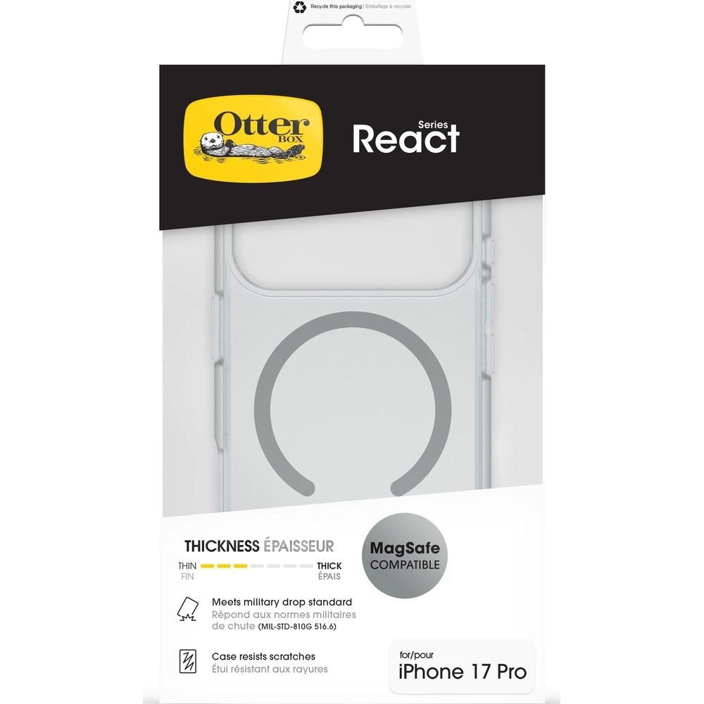 OtterBox React hoesje voor iPhone 17 Pro, MagSafe compatibel, militair getest.