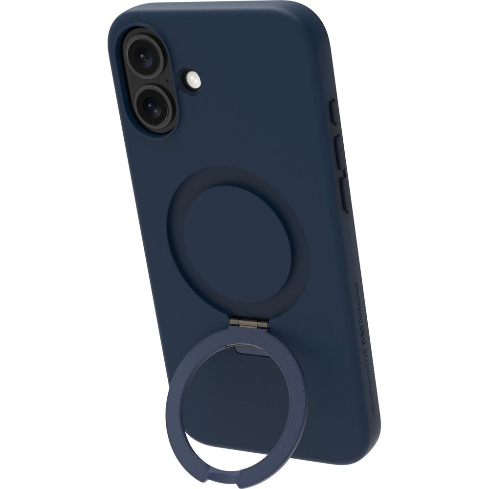 Custodia blu scuro per telefono con anello portaoggetti, aperta, su sfondo bianco.