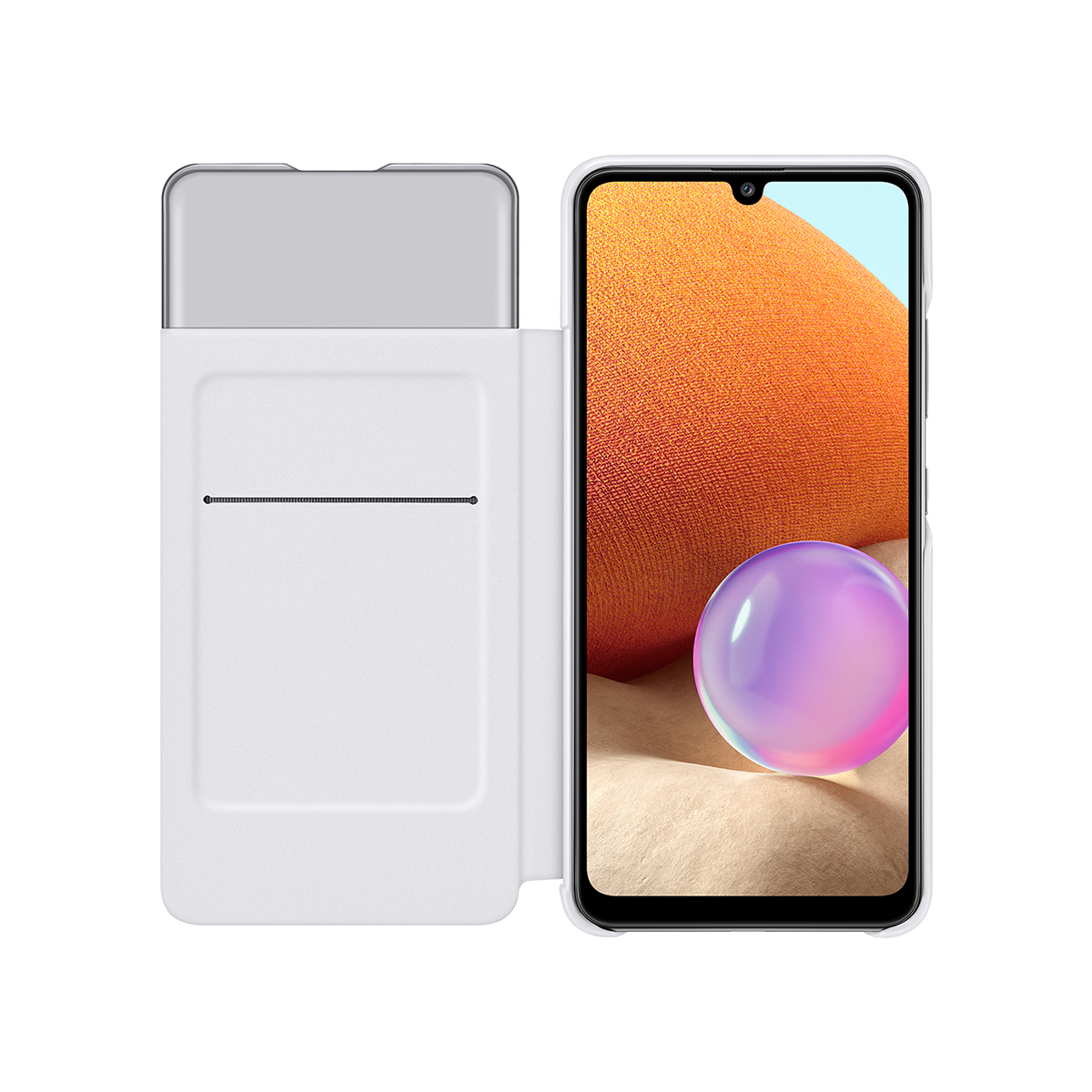 Teléfono blanco con funda abierta, mostrando una bola morada-rosa en pantalla.