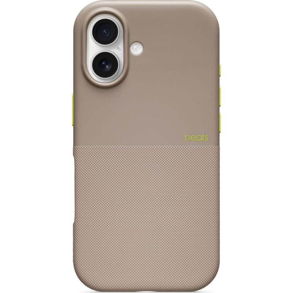 Brązowe etui na telefon z dwoma obiektywami i logo Beats.