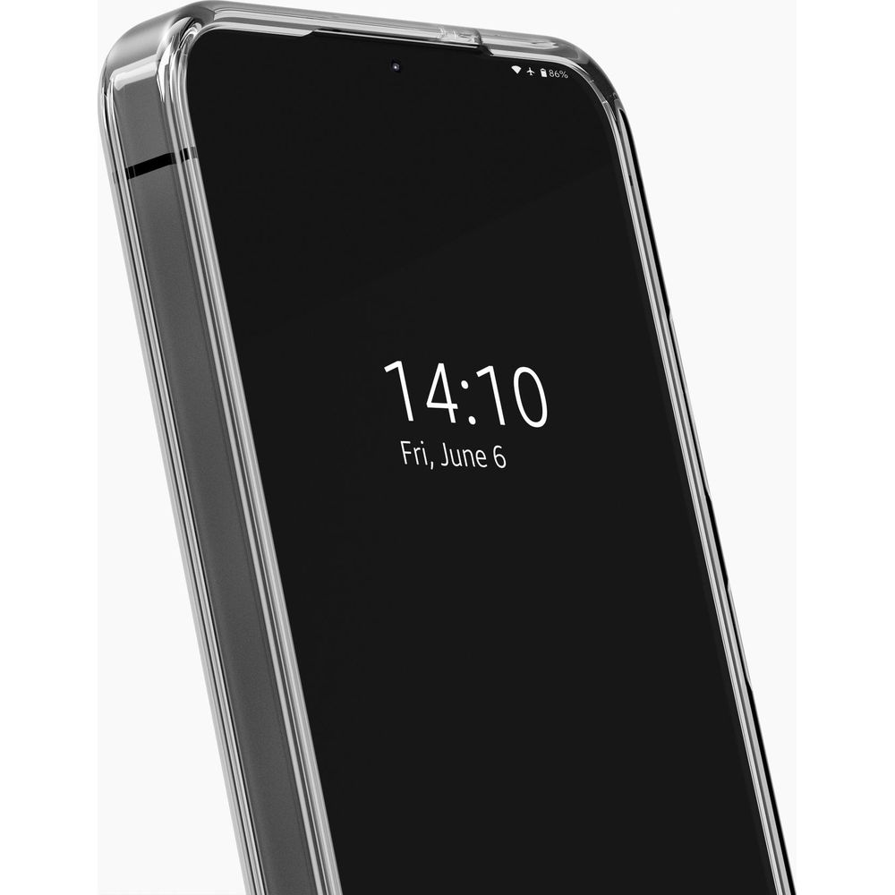 Ein Smartphone mit transparentem Gehäuse zeigt 14:10 und Freitag, 6. Juni.