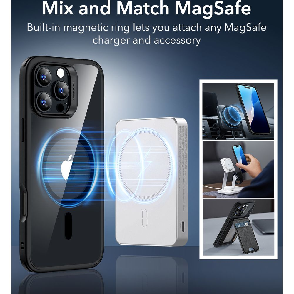 Ein schwarzes iPhone mit MagSafe-Ring und ein weißes MagSafe-Ladegerät.