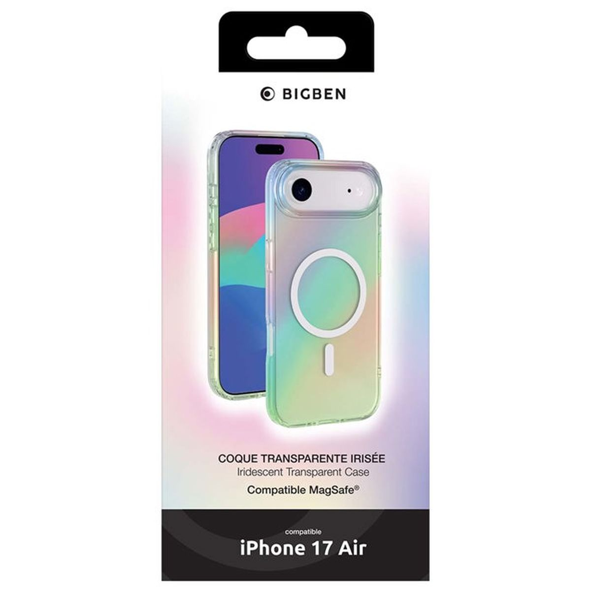 Custodia Bigben iPhone 17 Air, trasparente, iridescente, compatibile MagSafe.