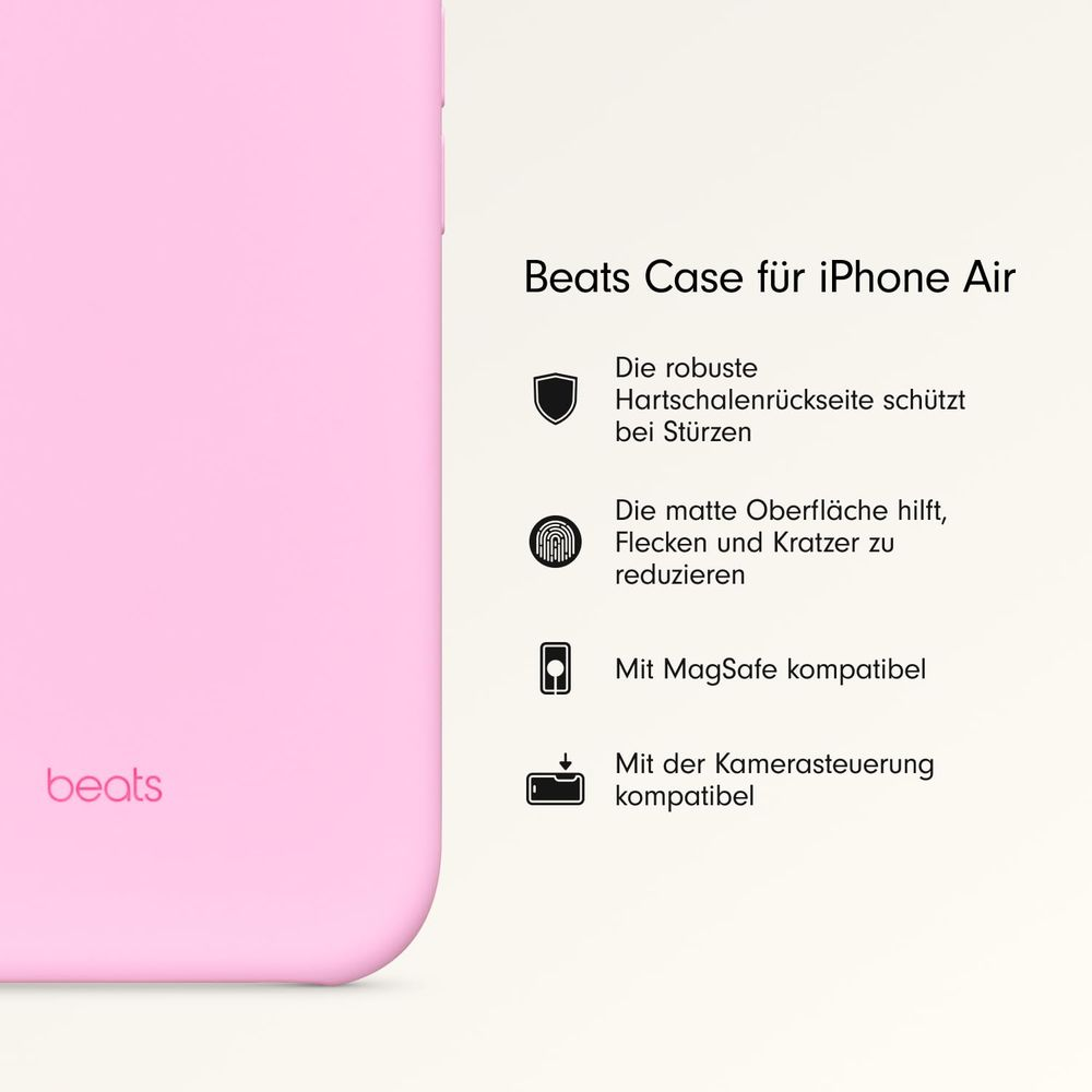 Różowe etui Beats na iPhone Air z tekstem wymieniącym funkcje.