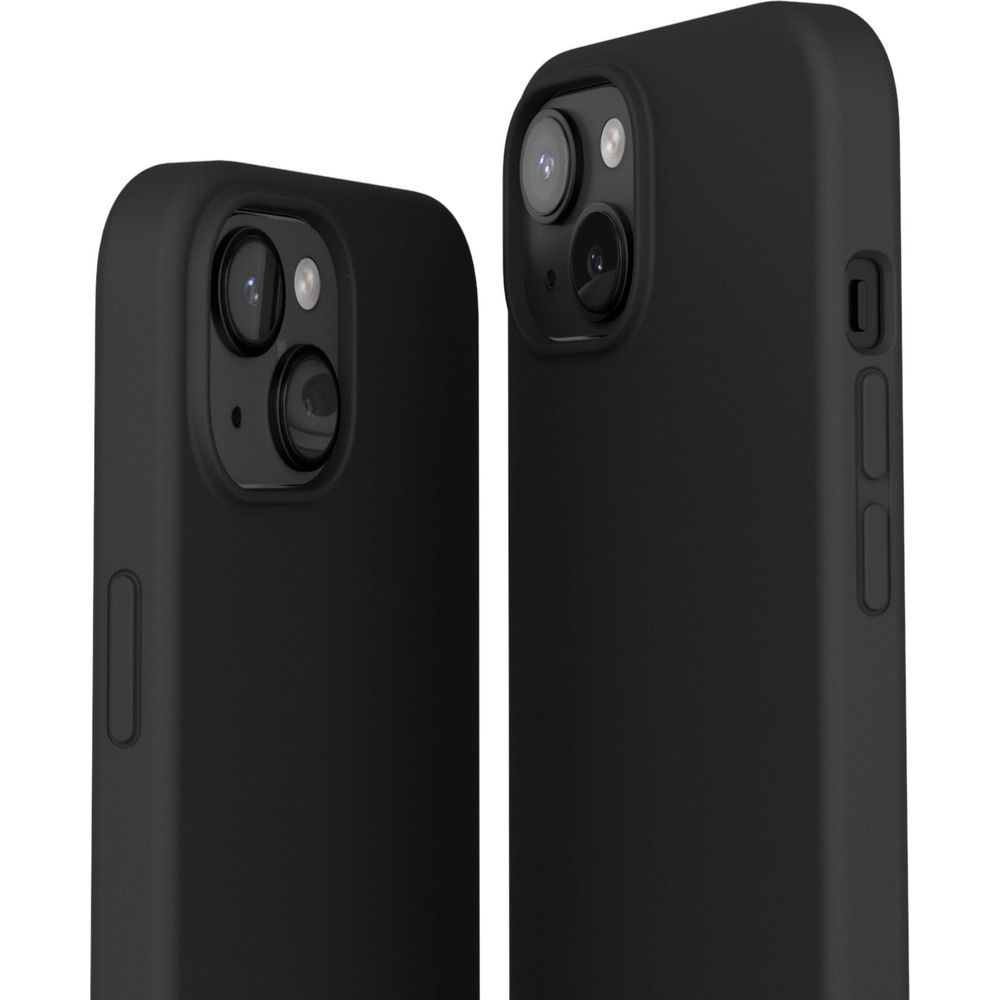 Due custodie nere per telefono con ritagli per fotocamera su sfondo bianco.
