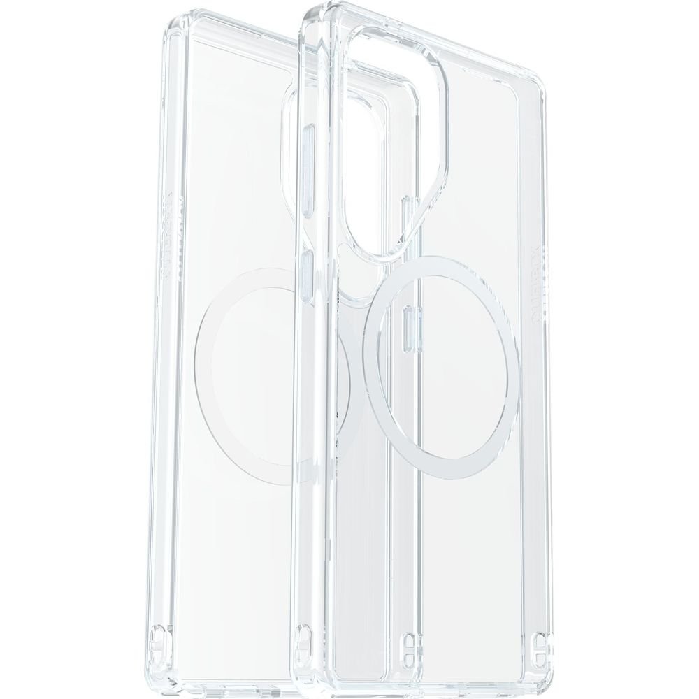 Twee doorzichtige telefoonhoesjes naast elkaar, met magneetring.