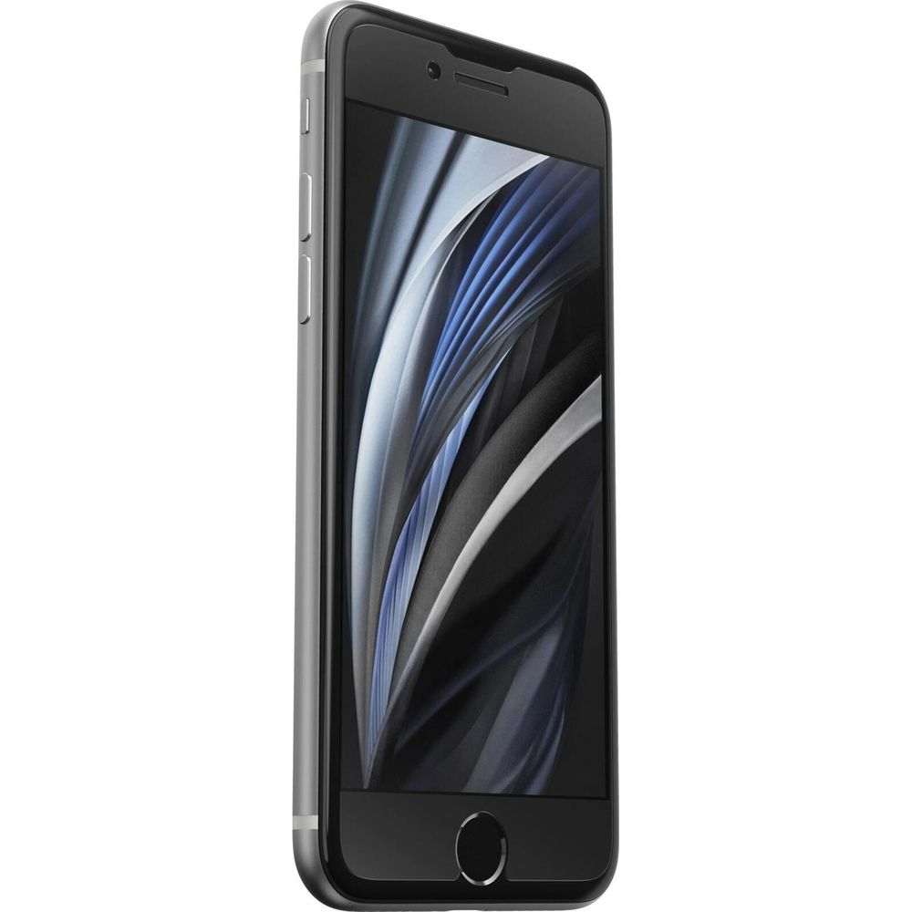 Uno smartphone argentato con schermo nero che mostra una grafica astratta.