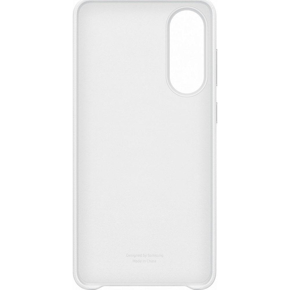 Weiße Handyhülle mit Kameraaussparung und "Designed by Samsung"-Aufschrift.