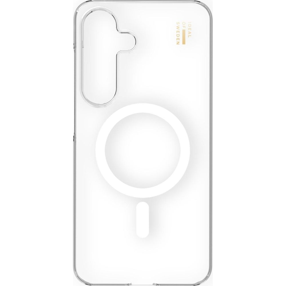 Transparente Handyhülle mit weißem Magnetring und Beschriftung.