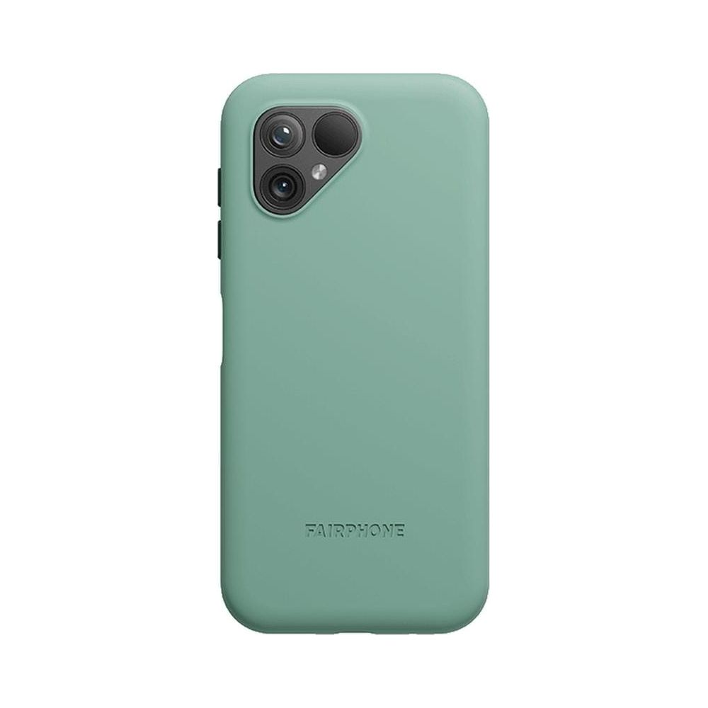Une coque de téléphone verte avec trois caméras et le logo Fairphone.